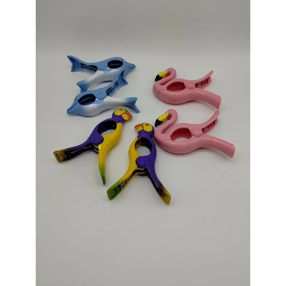 Lot Of 6 Tropical Beach Towel Or Tablecloth Holder Clips Flamingo Parrot Dolphin
